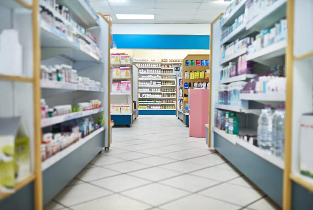 Shot of an aisle at a pharmacy.
