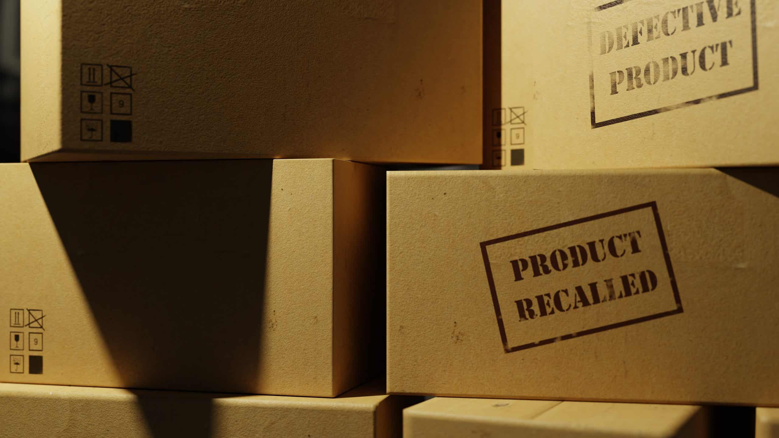 Boxes labeled “defective product” and “product recalled” are stacked on top of each other to be sent back to the manufacturer.