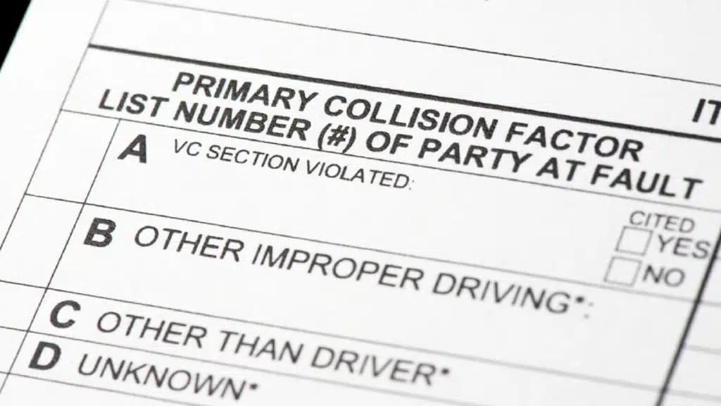 Close-up view of sections A - D of a blank car accident report.
