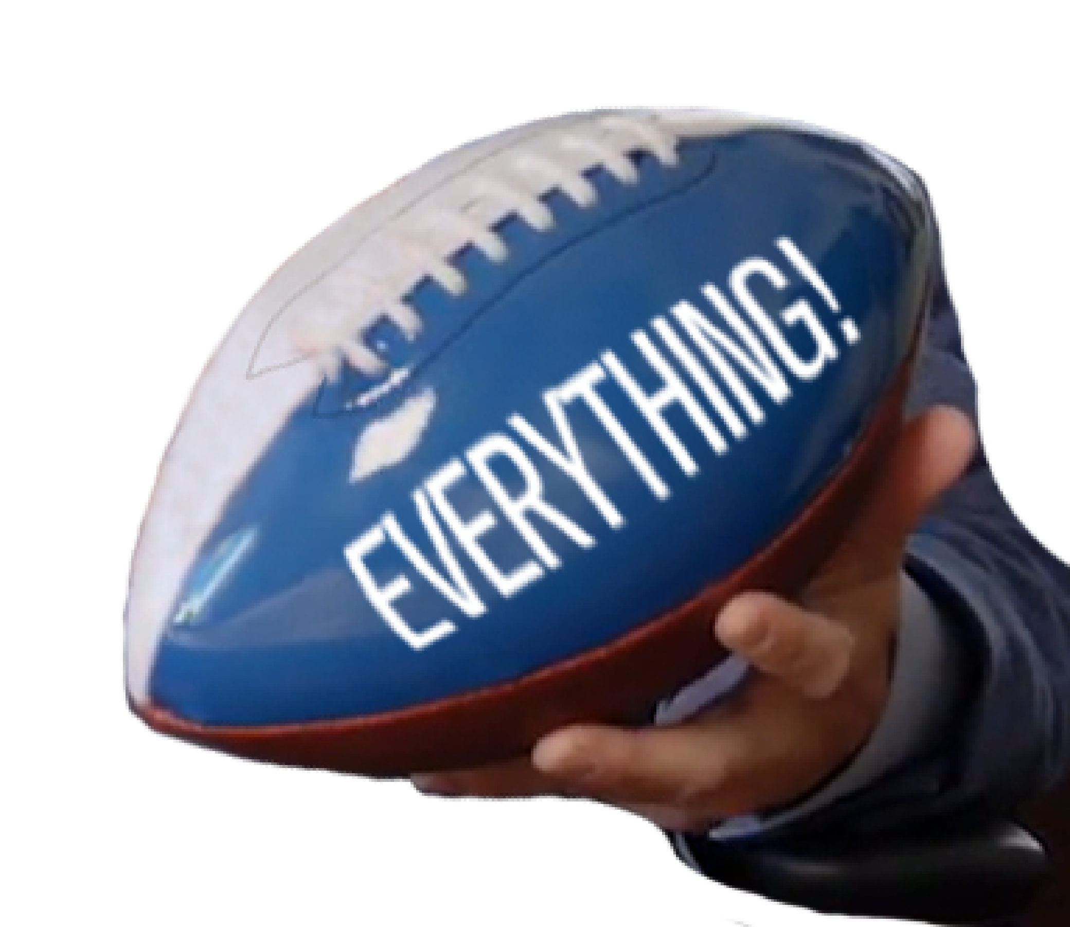 Hand holding football with the word, "Everything!" written on the side